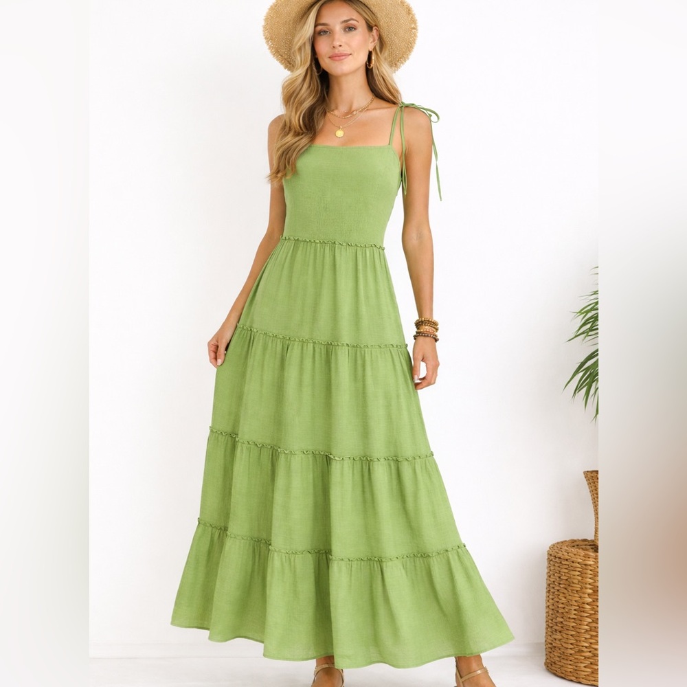 Boho Cottagecore Green Tiered Ruffle Maxi Dress Medium Prairie Whimsical Spring